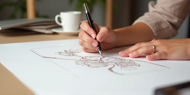 デザイナーが手書きでシルク製品のデザインスケッチを描いている様子。現代的なデザイン